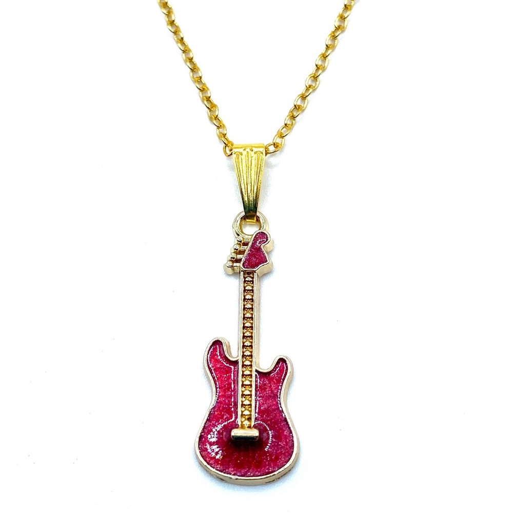 Gold and Burgundy Red Guitar Pendant Necklace